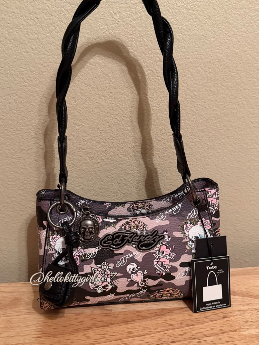 Ed Hardy Pink Camouflage Shoulder Bag with Skull Charm